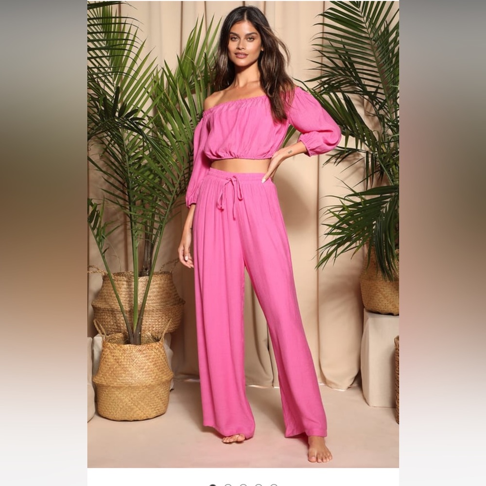 Lulu’s Grab Your Passport Hot Pink Two-Piece Swim Cover-Up Jumpsuit, Medium